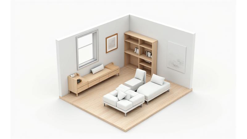3Dで表示された小型住居の効率的な間取りプラン。多機能家具や垂直収納が活用され、空間が広々としている。